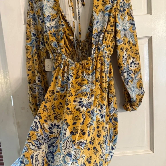 Free People sexy dress medium in marigold with blue print - Picture 2 of 6